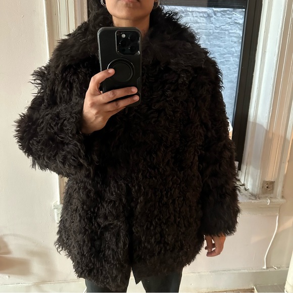 Vintage chocolate brown fur shearling curly lamb leather penny lane coat jacket - Picture 3 of 16